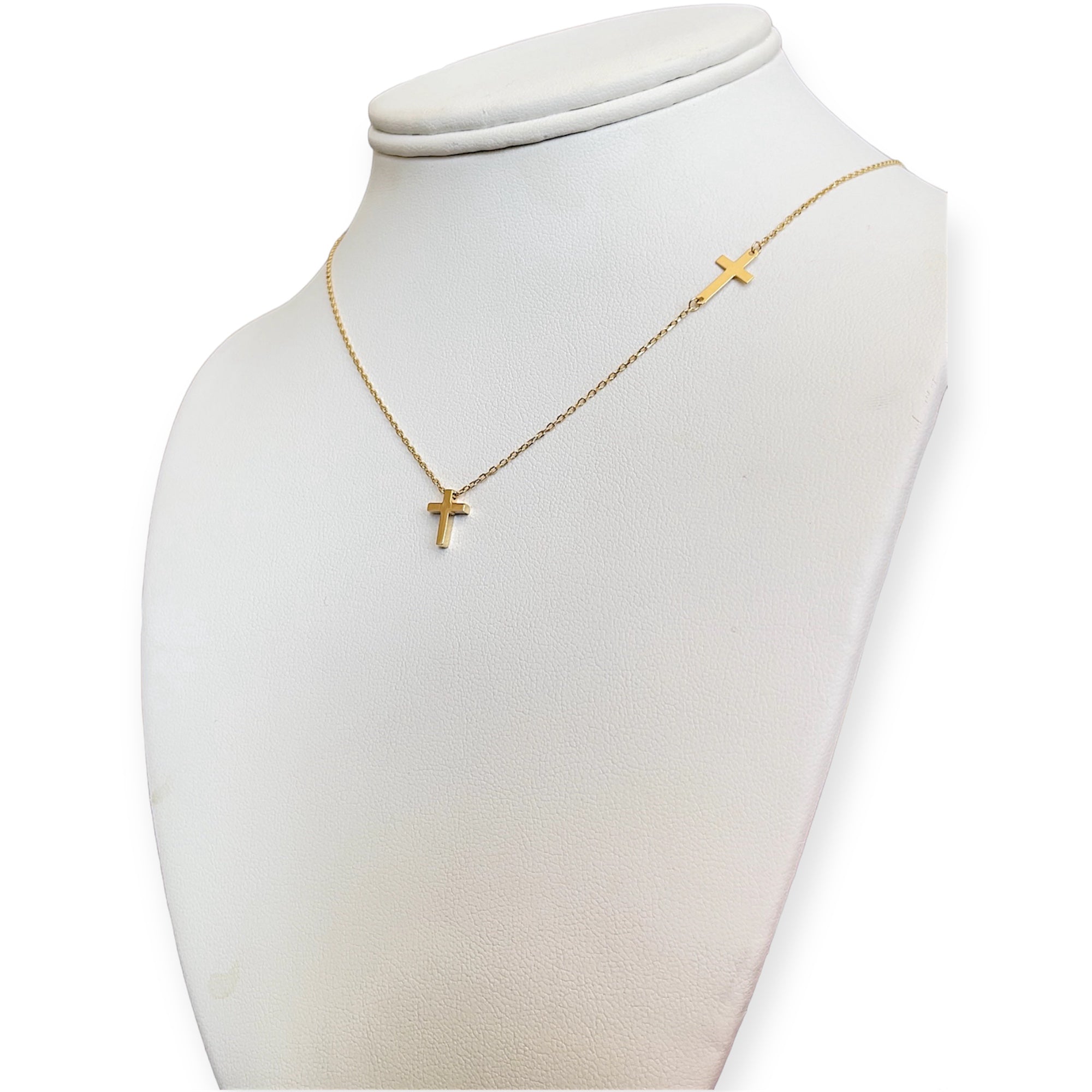 18KT Yellow Gold Sideway Cross + Dangling Cross Necklace