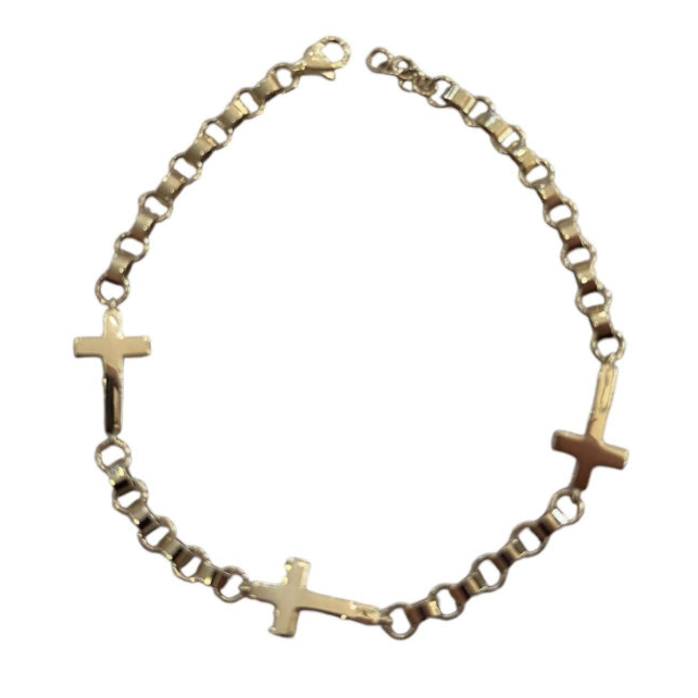 14KT Yellow Gold Rollo 3 Cross Bracelet