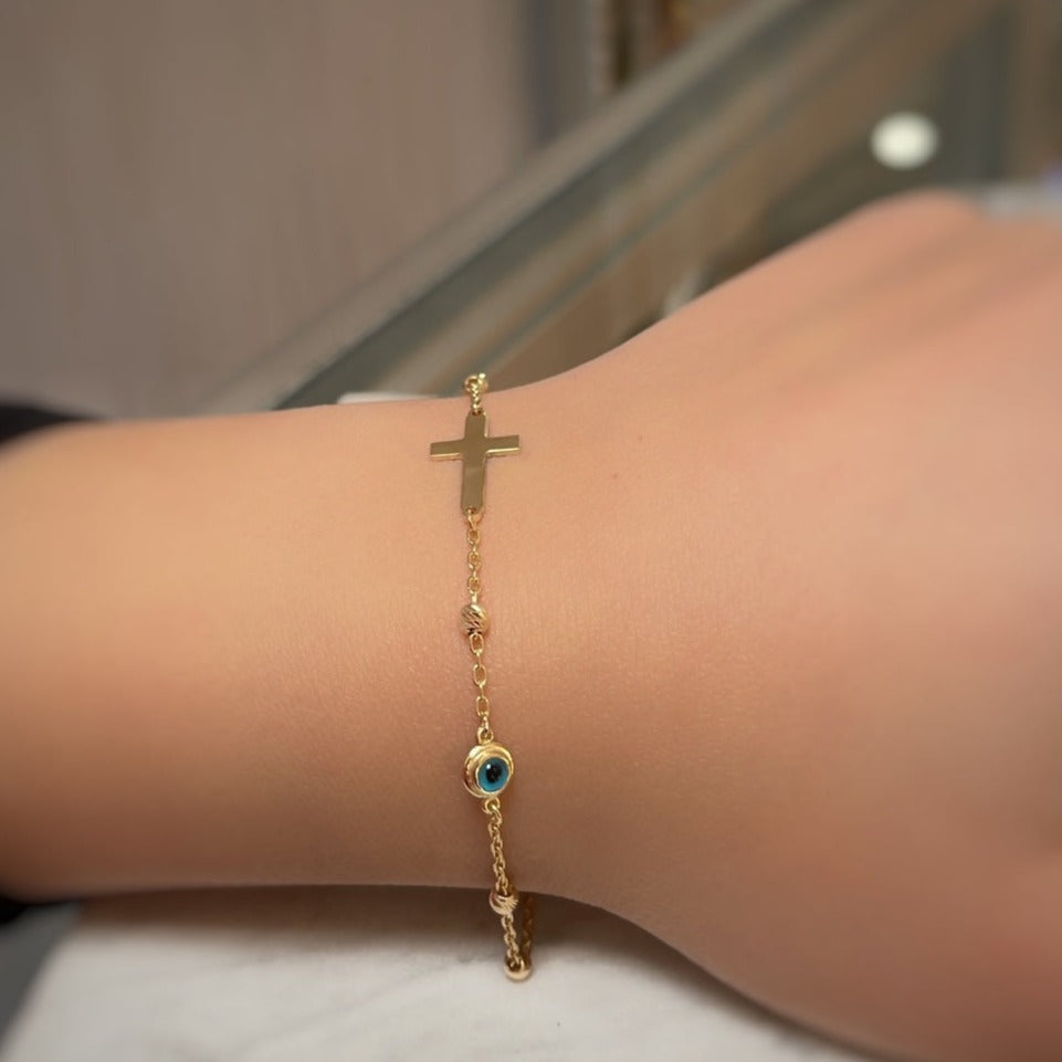 18KT Yellow Gold Cross + Eye Bracelet