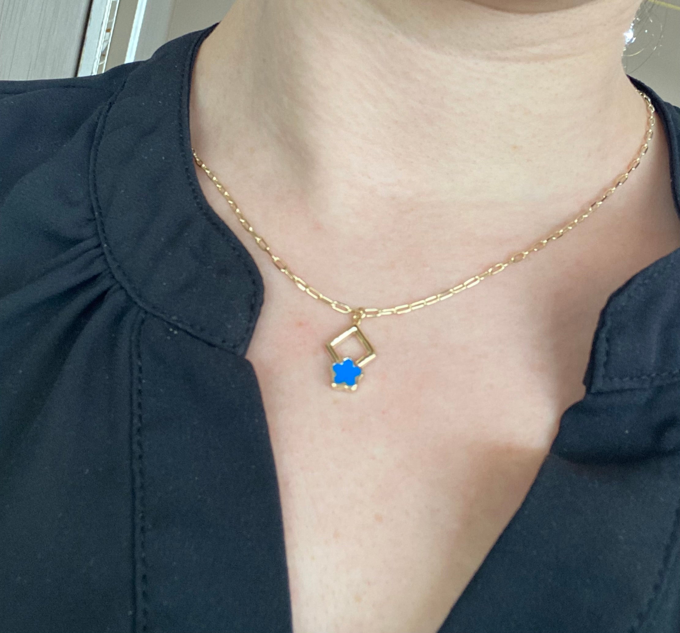 14Kt Yellow Gold Blue Enamel Clover Necklace