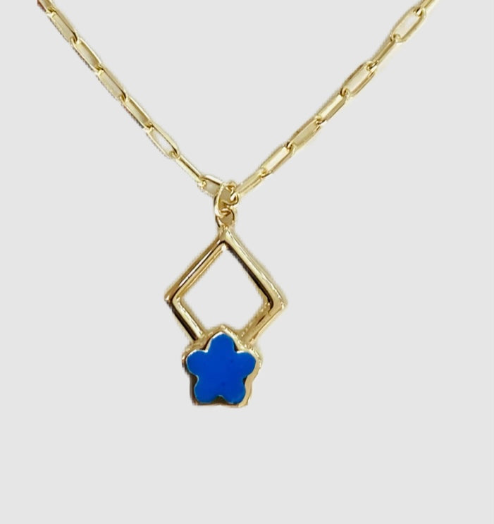 14Kt Yellow Gold Blue Enamel Clover Necklace