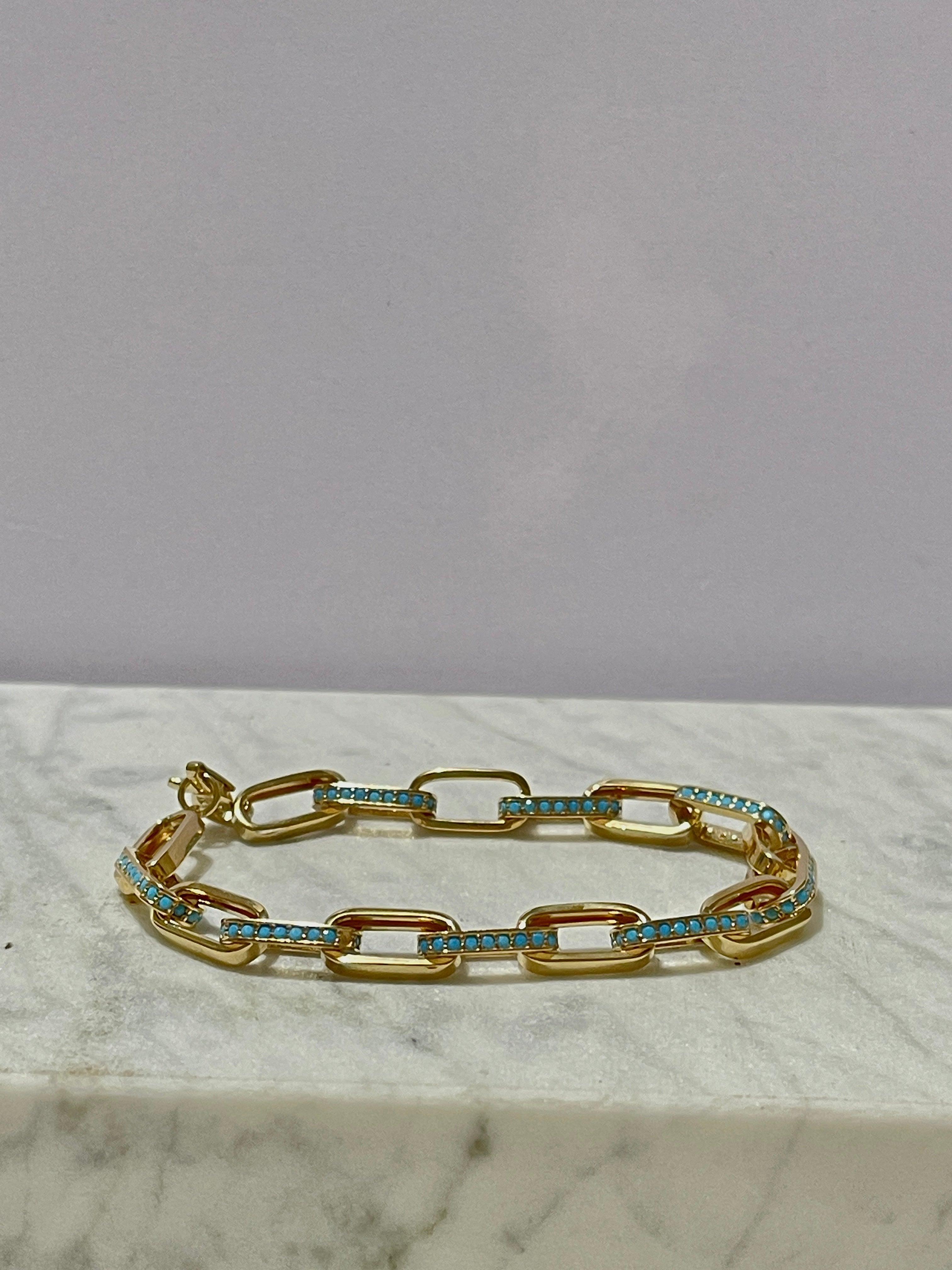 14kt Yellow Gold Turquoise Paperclip Bracelet - 7" - Nancy's Jewelry