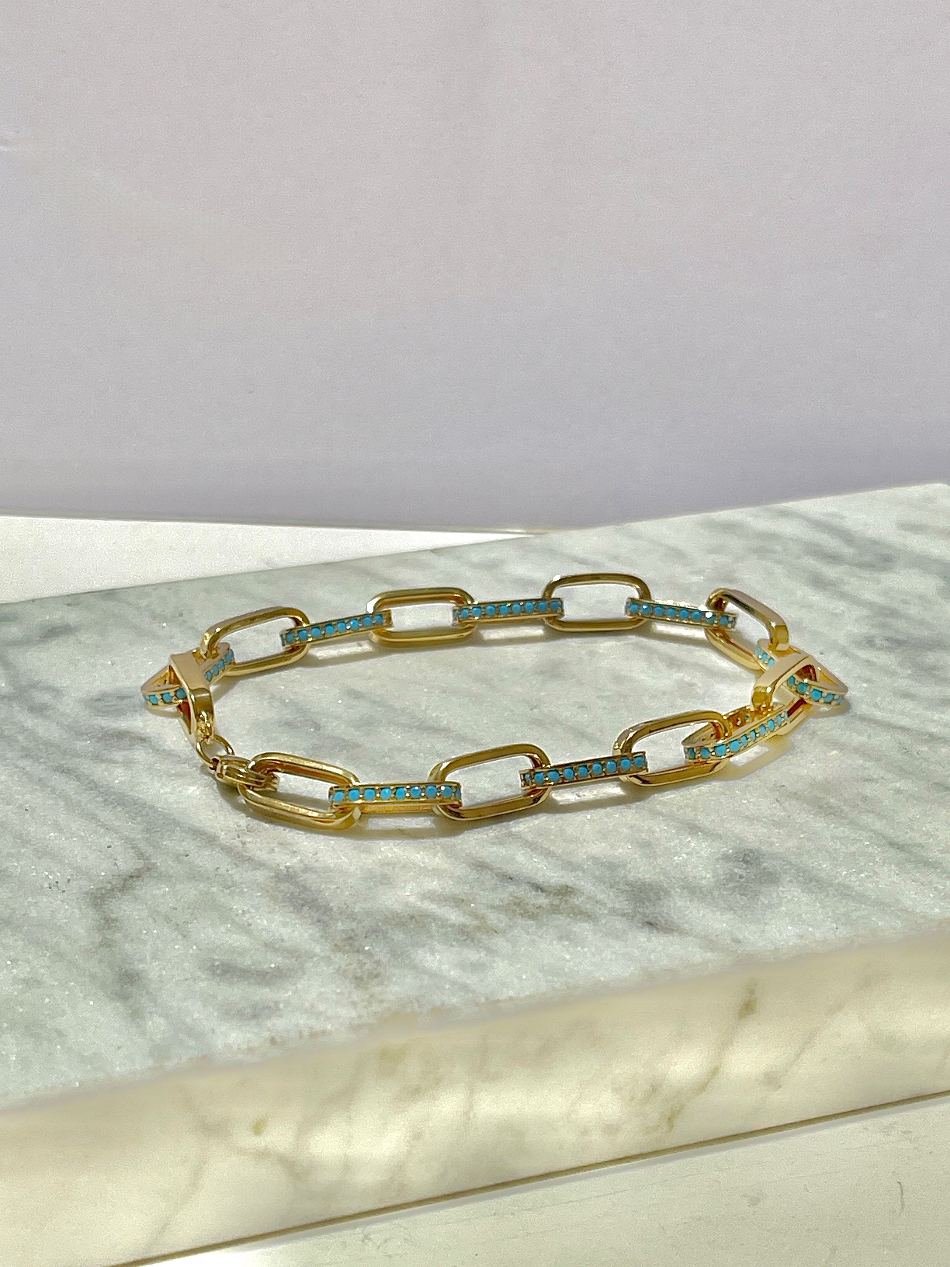 14kt Yellow Gold Turquoise Paperclip Bracelet - 7"