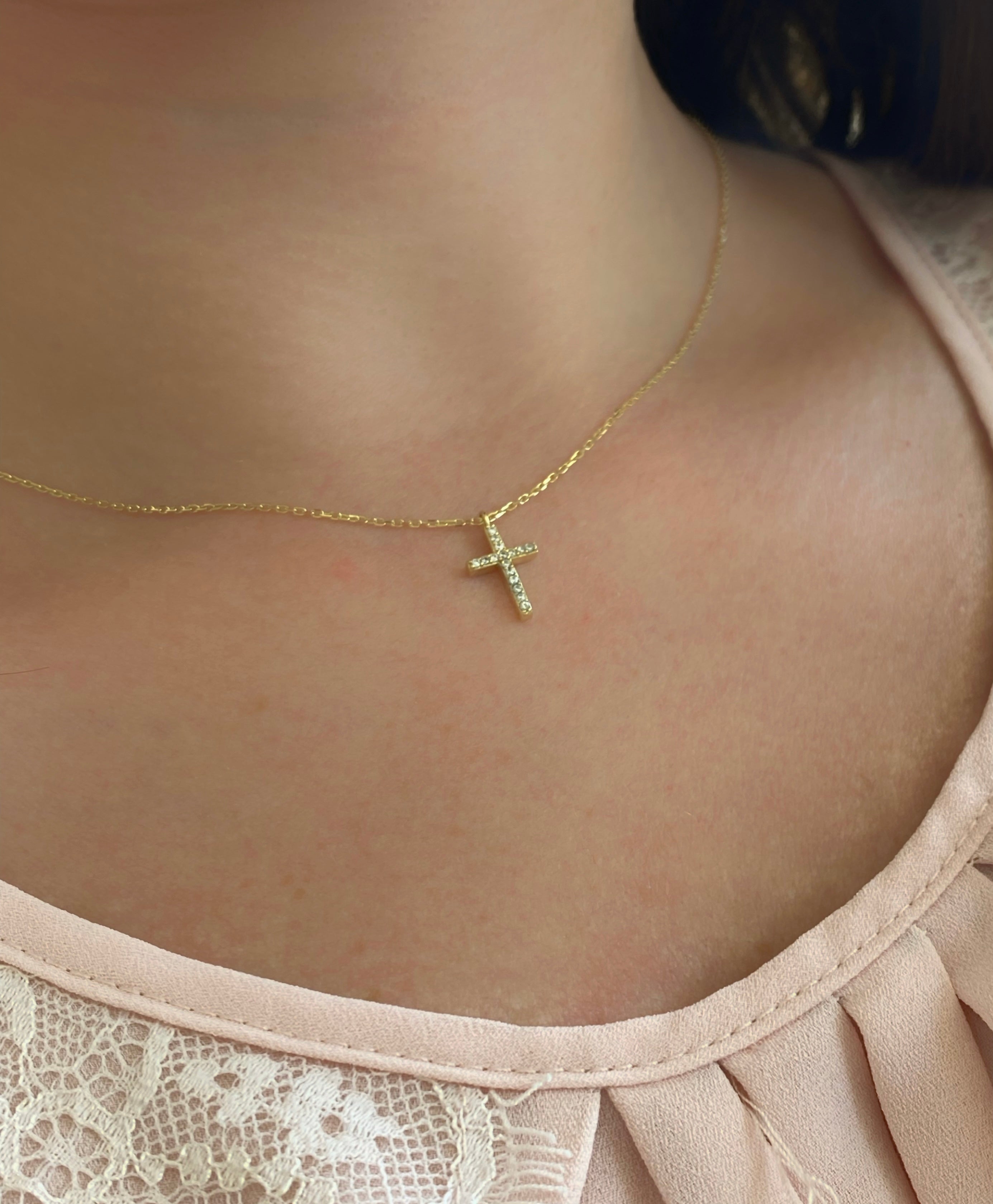 18Kt Yellow Gold Cubic Zirconia Cross Necklace