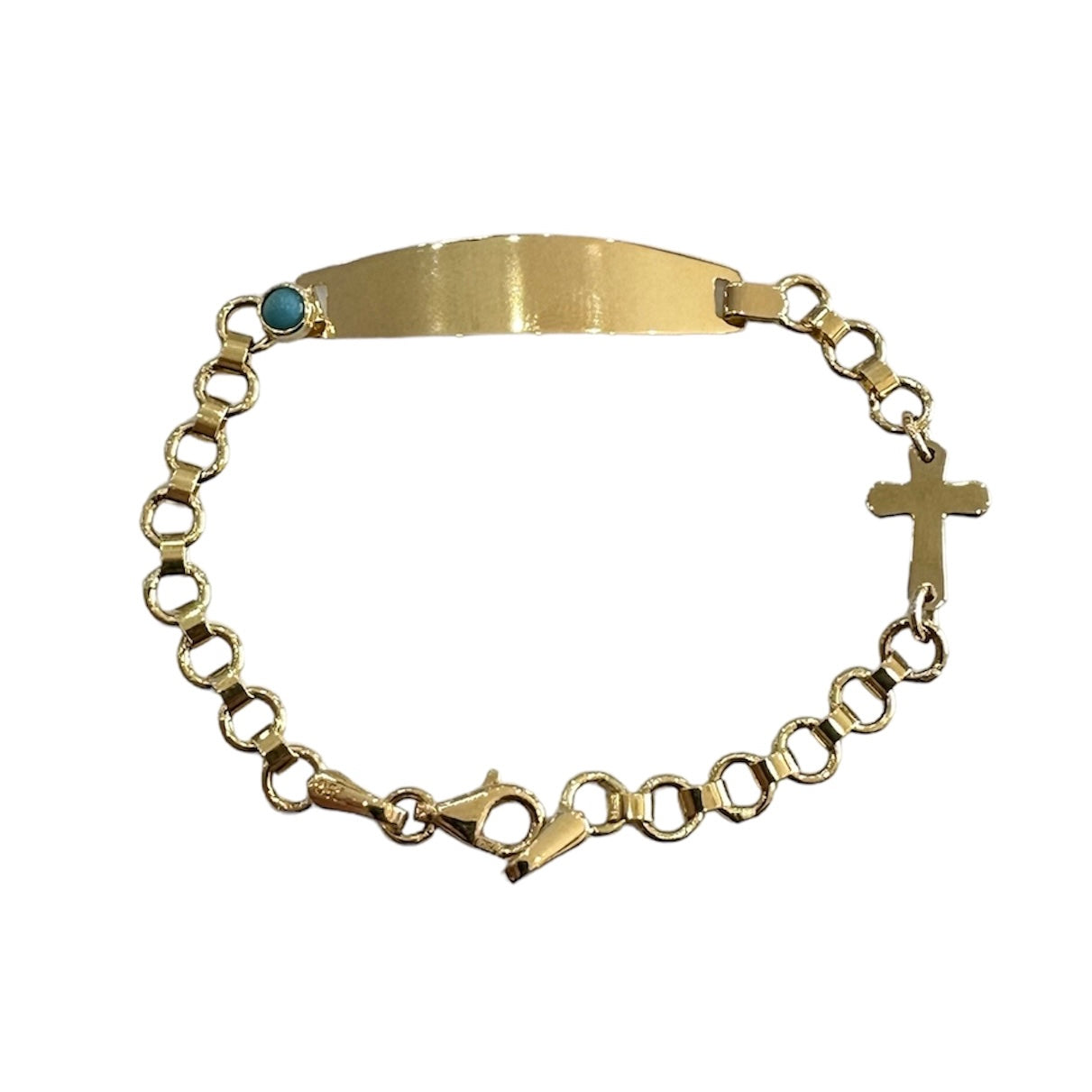 18KT Yellow Gold Kids Turquoise ID Bracelet + Cross