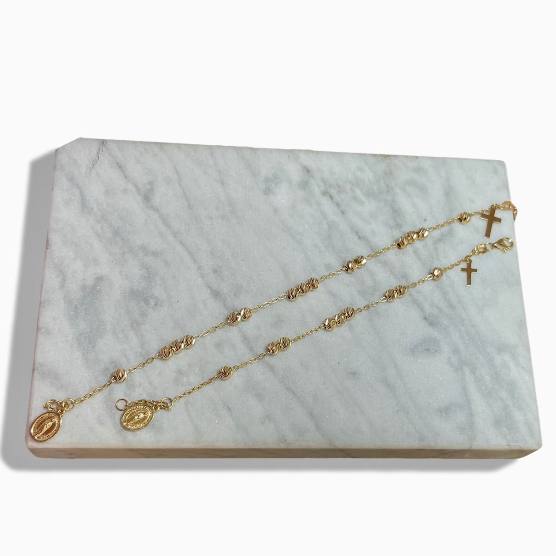 18KT Yellow Gold Virgin Mary + Dangling Cross Bracelet