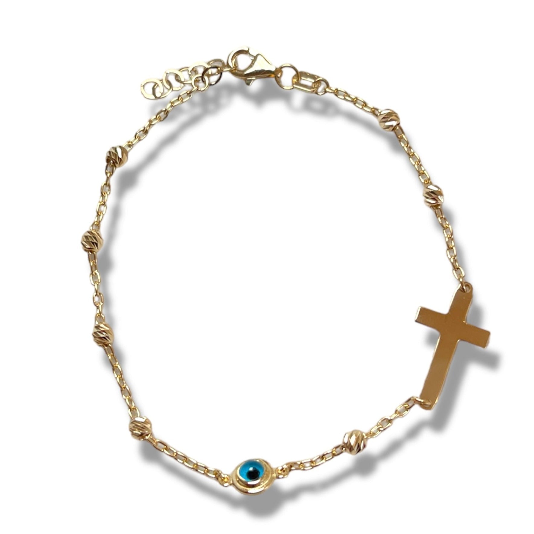 18KT Yellow Gold Cross + Eye Bracelet