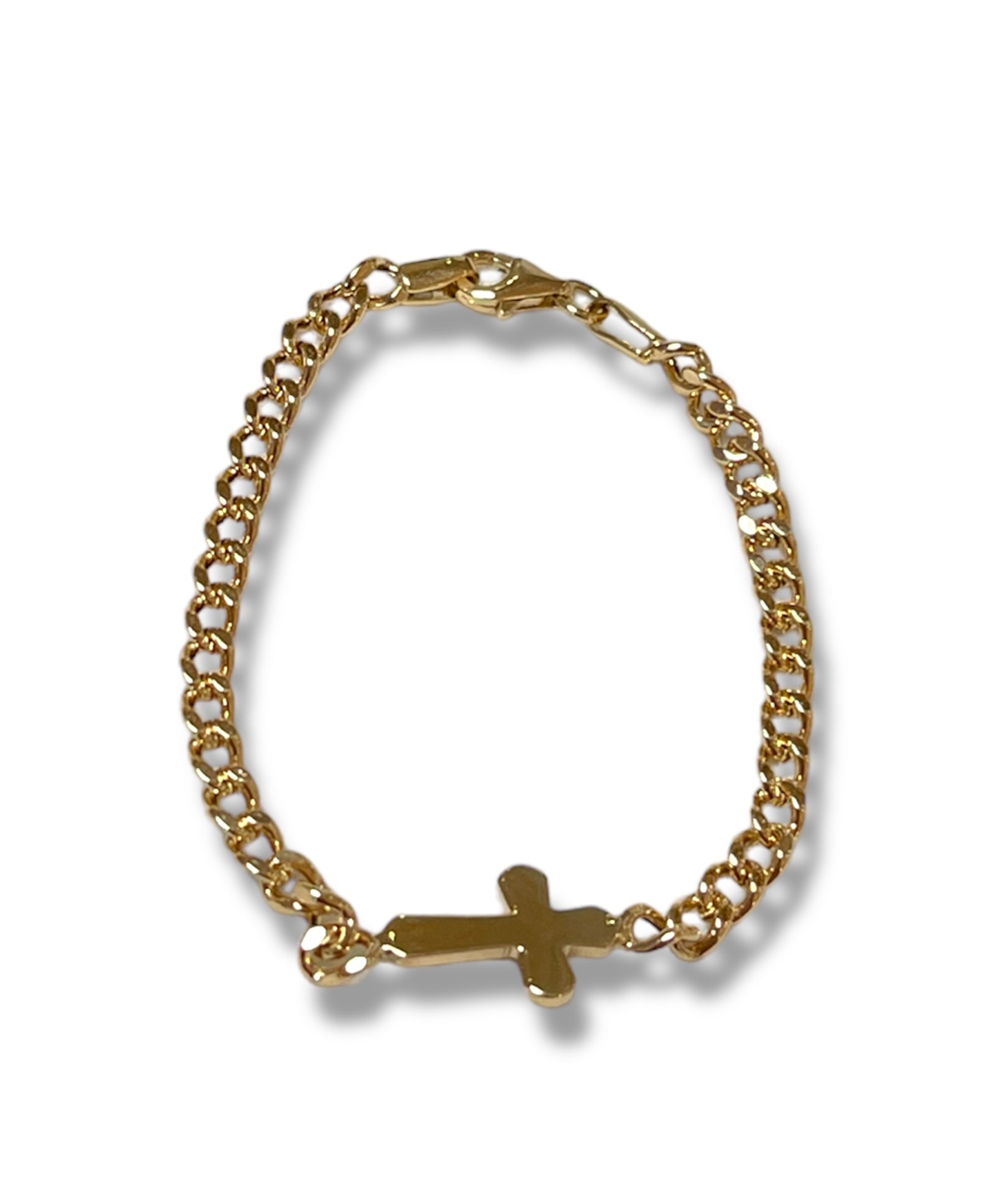 14KT Yellow Gold Kid's Cuban Chain Bracelet + Cross