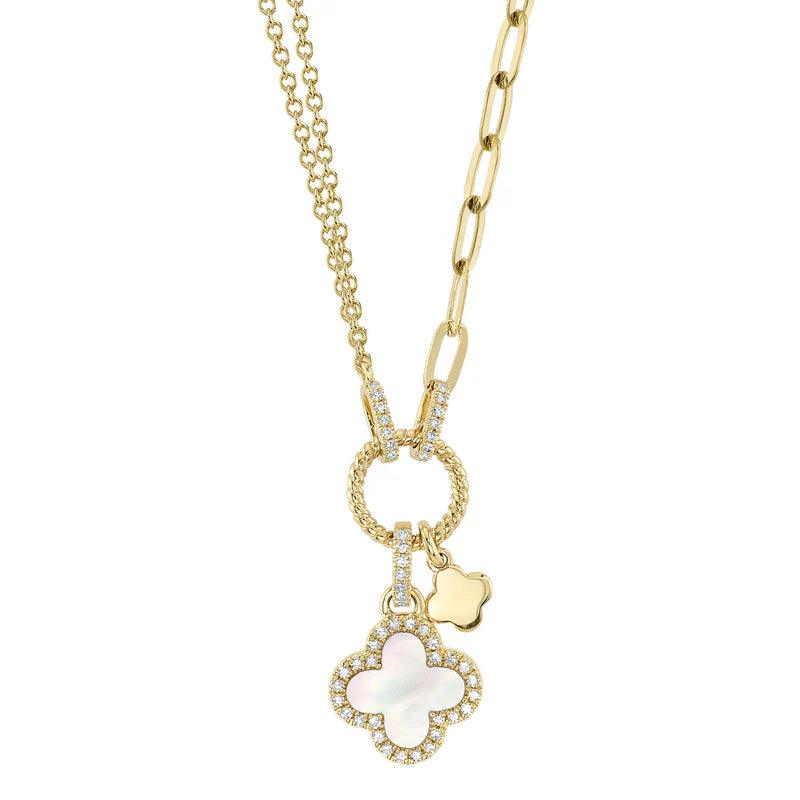 0.12CT Diamond & 0.54CT Mother of Pearl Clover Paper Clip Link Necklace - Nancy's Jewelry