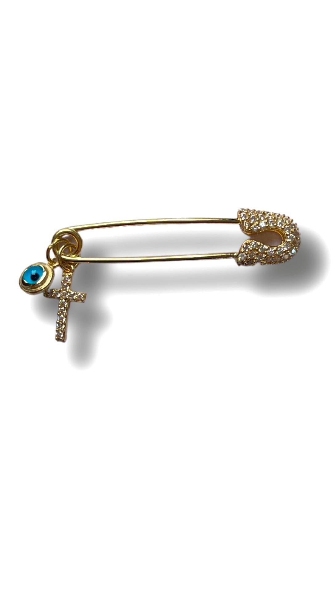 14KT Yellow Gold Cubic Zirconia Baby Pin - Dangling Cross & Eye