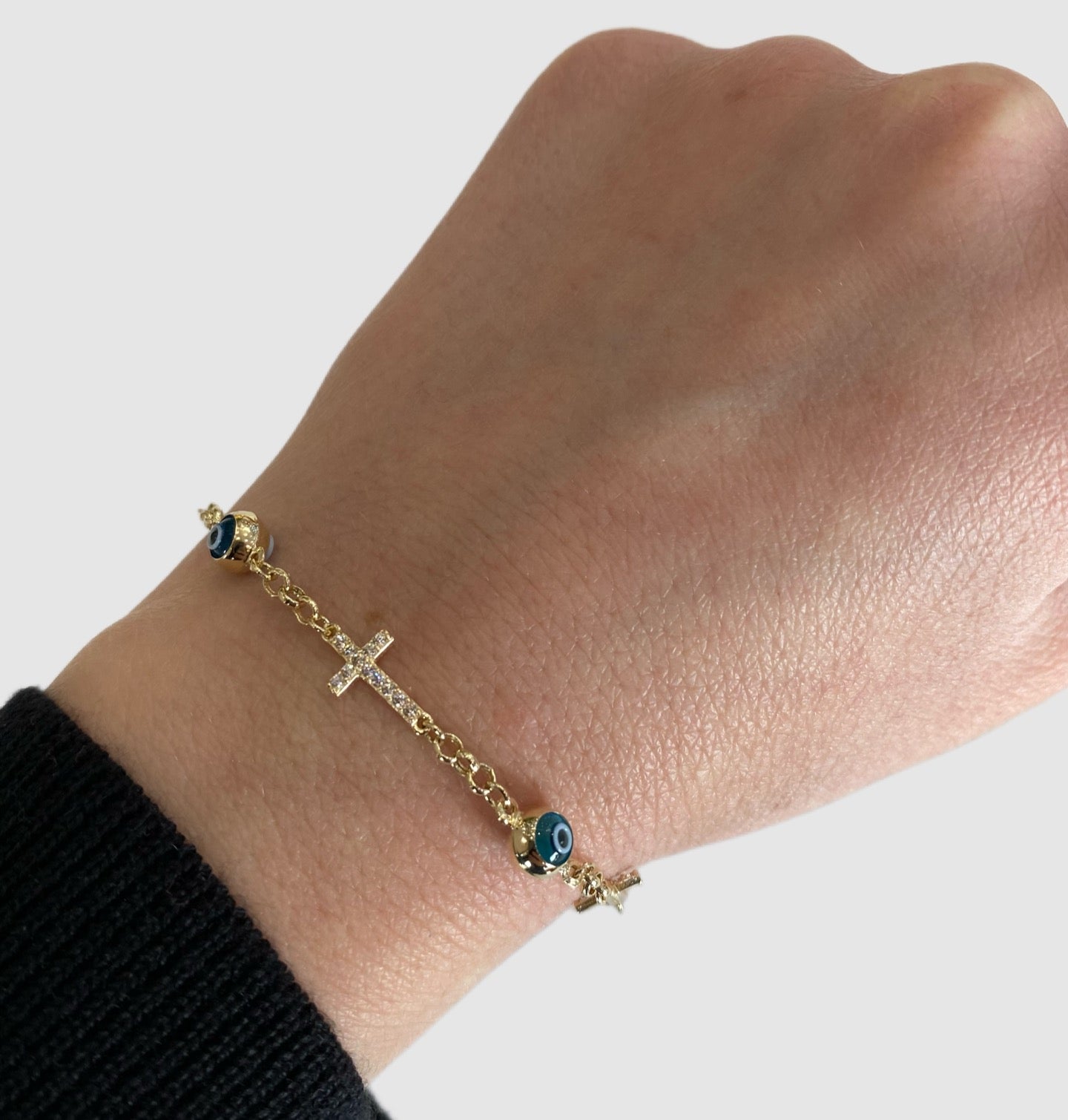 14KT Baby's Sideways Cross and Evil Eye Bracelet