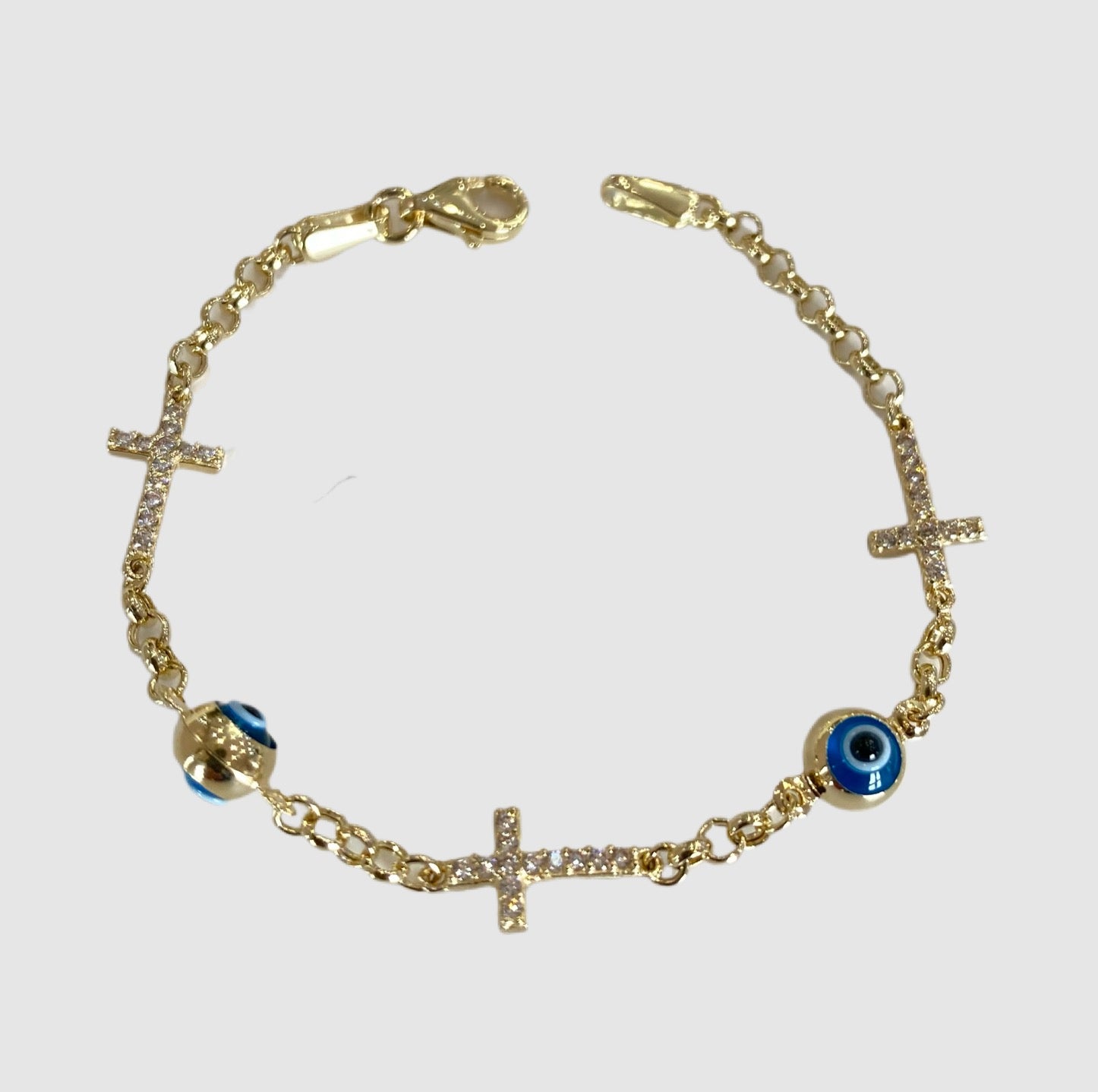 14KT Baby's Sideways Cross and Evil Eye Bracelet