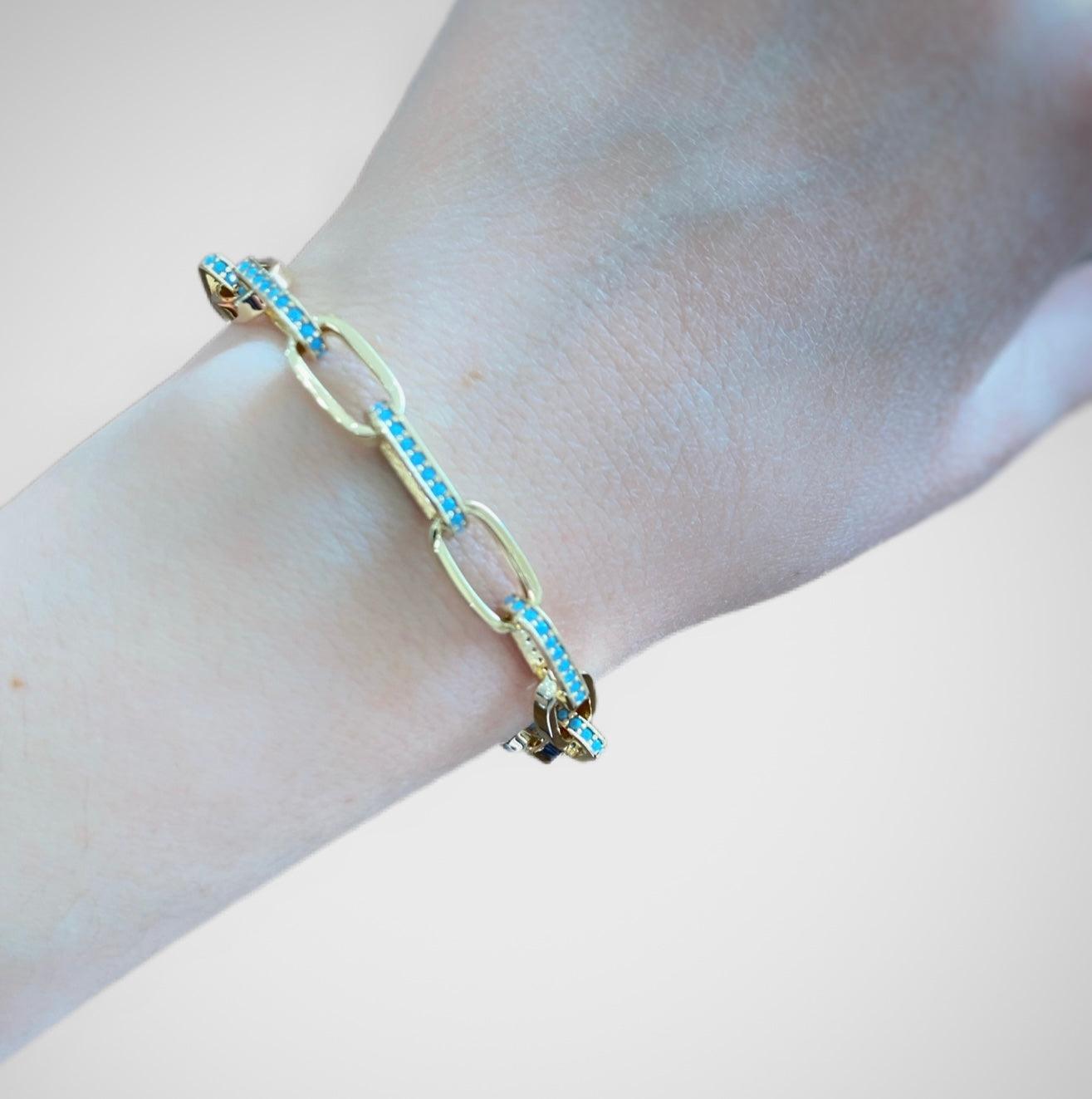 14kt Yellow Gold Turquoise Paperclip Bracelet - 7" - Nancy's Jewelry